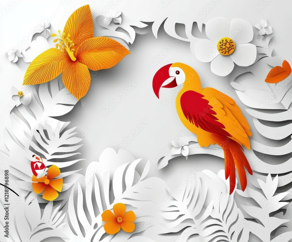 Fototapeta premium Vibrant tropical scene with a parrot among paper flowers