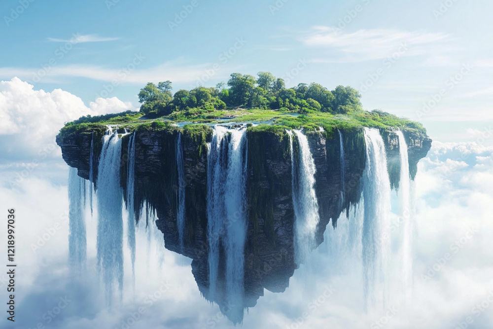 Naklejka premium Majestic floating island with waterfalls cascading into misty clouds at sunrise