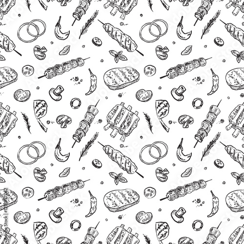 Seamless pattern with shawarma, doner kebab, bbq steak, ribs with fresh vegetables in brush stroke texture on white. Hand drawn vector sketch illustration in vintage charcoal ink style. Wrapping paper