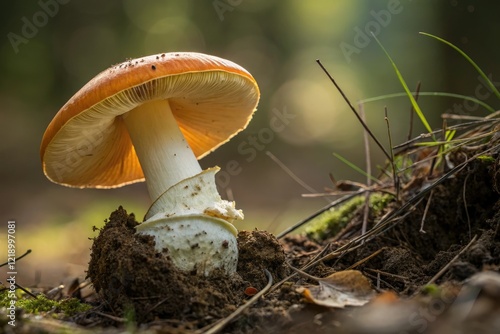 Close-up of Amanita caesarea cap unfolding from the soil, macro photography, botanical illustration, wild mushroom, plant life cycle, mycology photo