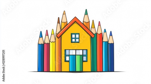 Color Pencils Shaped House Home Education Vector Illustration photo