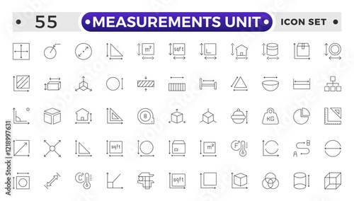 Measurement outline icons set with Measure, Area, Dimension, Distance, Diameter, Meter, Width, Radius, Length, weight and volume. Contains such icons as ruler, m2, area and more.