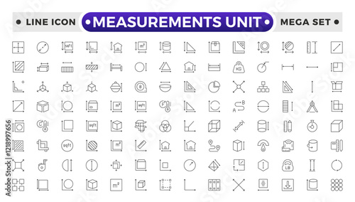 Measurement outline icons set with Measure, Area, Dimension, Distance, Diameter, Meter, Width, Radius, Length, weight and volume. Contains such icons as ruler, m2, area and more.