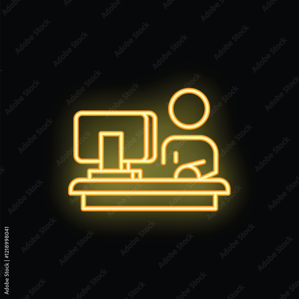 Yellow neon icon of office worker siting at the table and working on computer