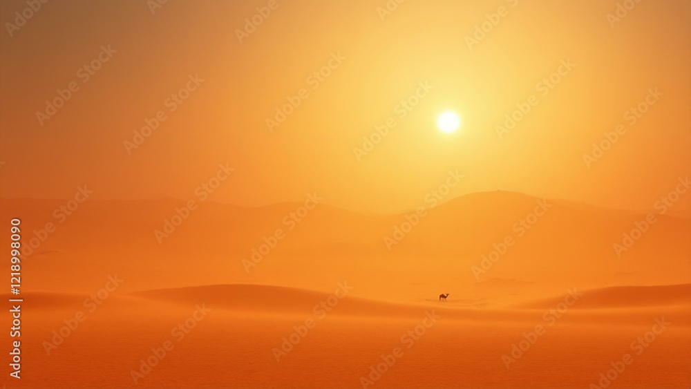 Obraz premium Majestic sand dunes meet the fiery desert sky with a solitary camel's path