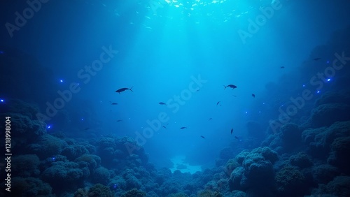 Glowing Bioluminescent Reef Scene with Schools of Fish and Coral Formations photo