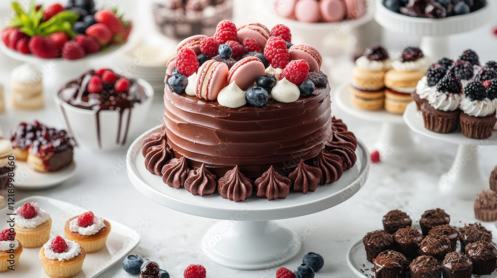 Delicious dessert table with assorted pastries, chocolate cake, macarons, fruit tarts, elegant display, sweet treats, celebration, catering event Delicious dessert table with assorted pastries, chocolate cake, macarons, fruit tarts, elegant display, sweet treats, celebration, catering event