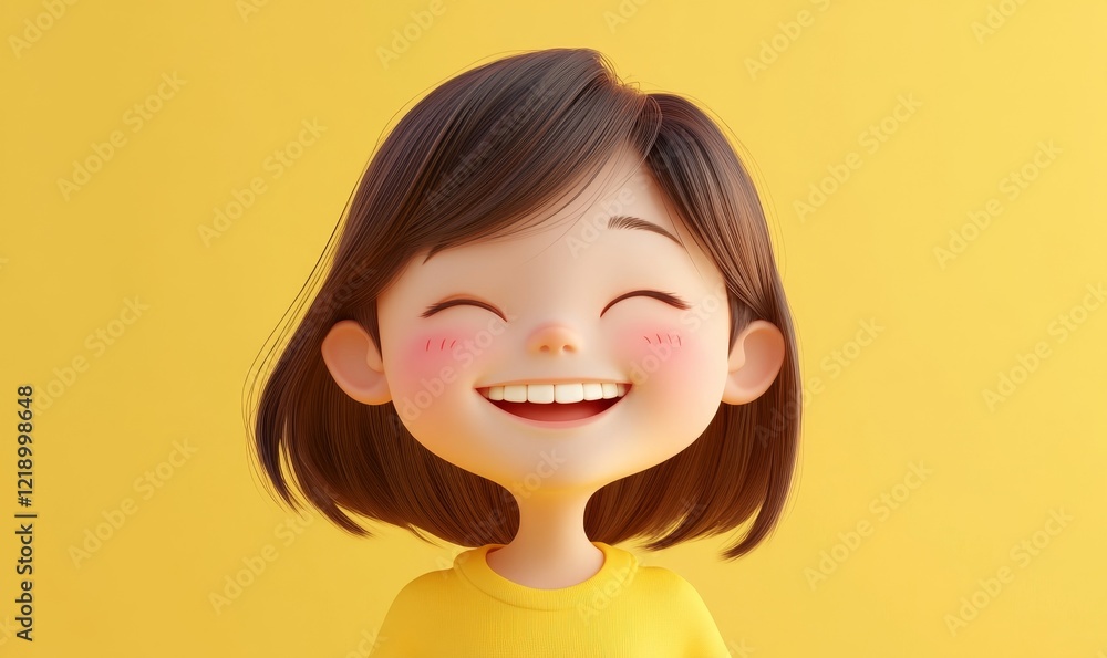 Happy Smiling Cartoon Asian Girl in 3D Style with Brown Hair and Yellow Shirt, Joyful Expression and Laughing on Light Background, Concept of Positive Emotions and Happiness in Young Women and Kids Happy Smiling Cartoon Asian Girl in 3D Style with Brown Hair and Yellow Shirt, Joyful Expression and Laughing on Light Background, Concept of Positive Emotions and Happiness in Young Women and Kids