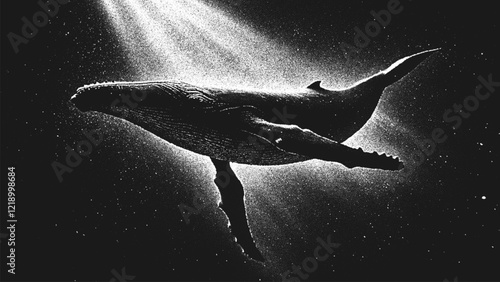 Majestic humpback whale floating gracefully in deep starry space ocean in contrast dreamlike black and white stippling style. Dotwork. Pointillism. Noisy grainy shading using dots. Vector background
