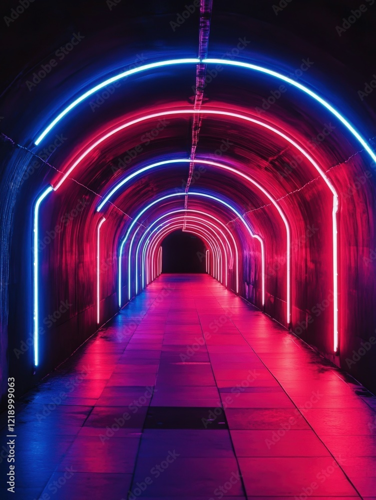 Fototapeta premium Neon lights create an immersive tunnel experience at night