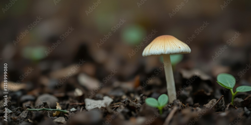 Close-up shot of a single mushroom growing out of the ground, mushroom, trees, fungal growth Close-up shot of a single mushroom growing out of the ground, mushroom, trees, fungal growth