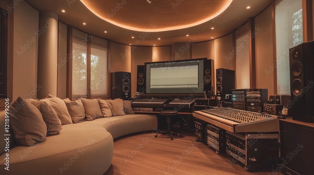 A stylish home studio featuring a curved couch, warm lighting, and high-end sound equipment in neutral tones. A stylish home studio featuring a curved couch, warm lighting, and high-end sound equipment in neutral tones.