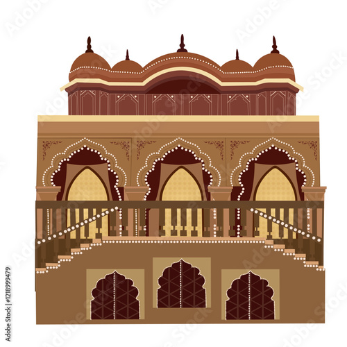 Traditional Rajasthani Royal Mughal Arch Palace Mahal Temple fort illustration vector design with stairs and jharoka, peacock vector, Mughal foliage garden