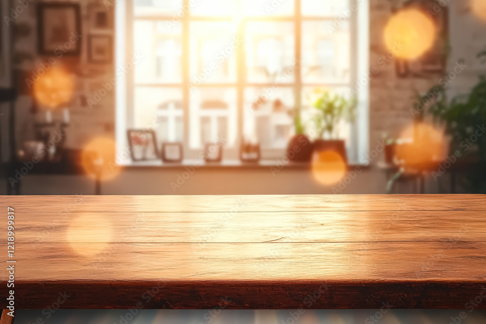 Wooden table with a window in the background. The table is empty and the window is letting in sunlight Wooden table with a window in the background. The table is empty and the window is letting in sunlight