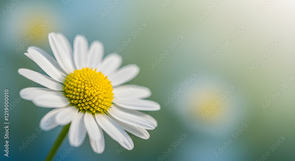 Obraz premium A daisy with white petals and a central yellow disc, contrasted by a peaceful background.
