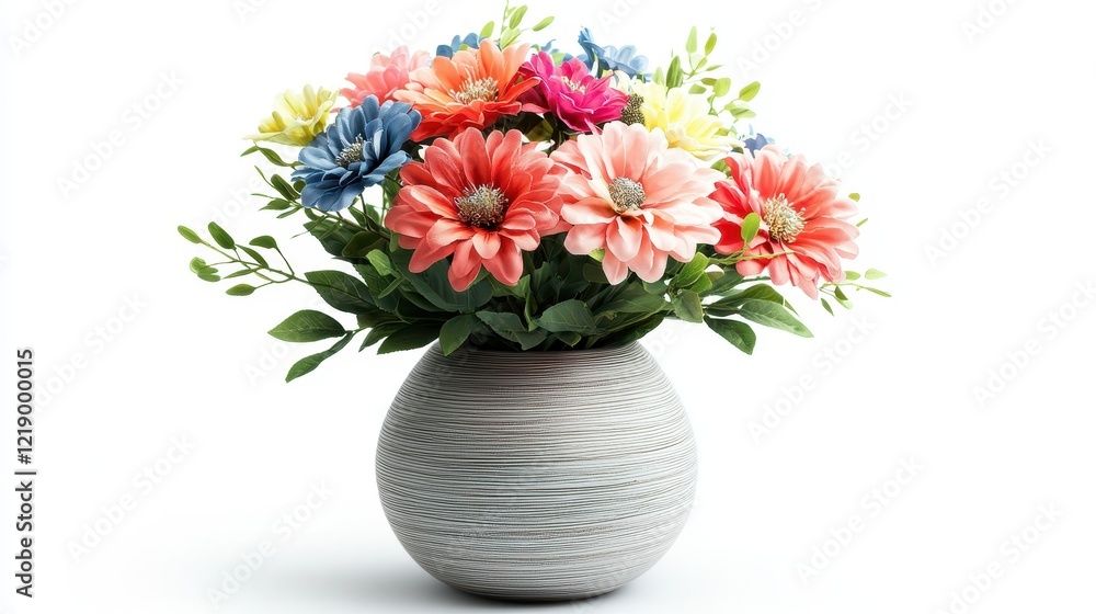 A close-up of a beautiful modern vase with colorful artificial flowers on a white isolated background A close-up of a beautiful modern vase with colorful artificial flowers on a white isolated background