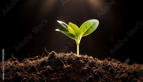 A vibrant young sprout emerges from rich, dark soil, backlit by a soft, dramatic light.  Perfect for themes of growth, new beginnings, nature, and environmental conservation. photo