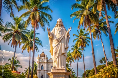 Majestic Jesus Statue, Se Cathedral, Goa, India: Palm Tree Framed Composition photo