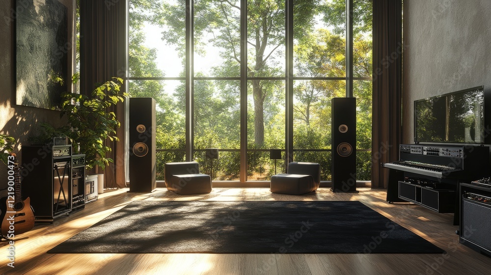 Fototapeta premium A stylish music room with large windows, digital music equipment, and a relaxing seating area for musicians.