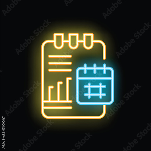 Glowing neon icon of a calendar showing scheduled task on notepad, reminding of appointments and deadlines