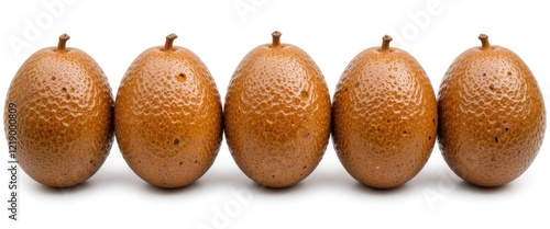 Five Rustic Brown Fruits in a Simple Row: A Still Life Study photo