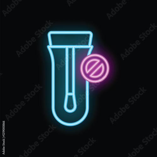 Neon medical icon depicting an electronic thermometer with prohibition sign, ideal for healthcare related designs
