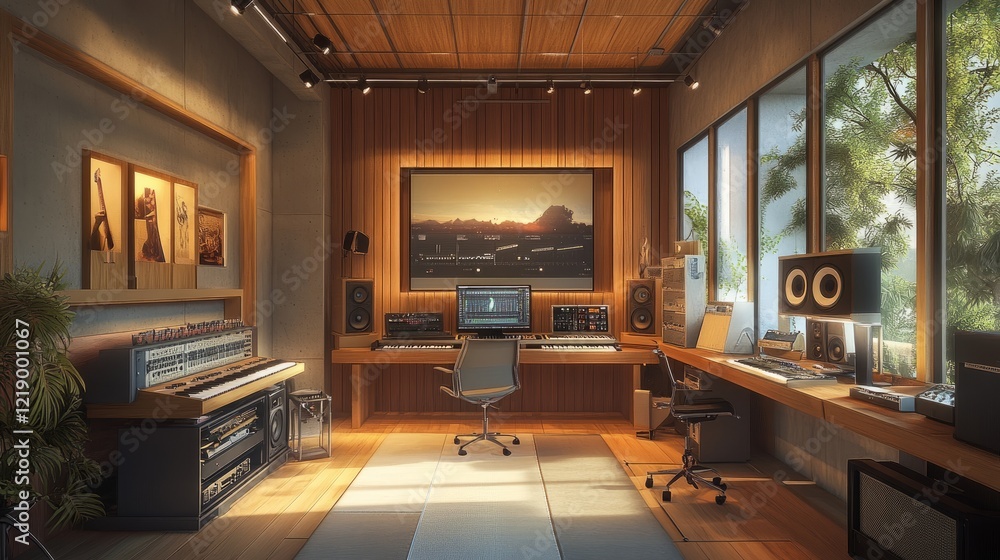 custom made wallpaper toronto digitalA stylish music studio with warm wood accents, spacious design, and a peaceful ambiance for relaxation and inspiration