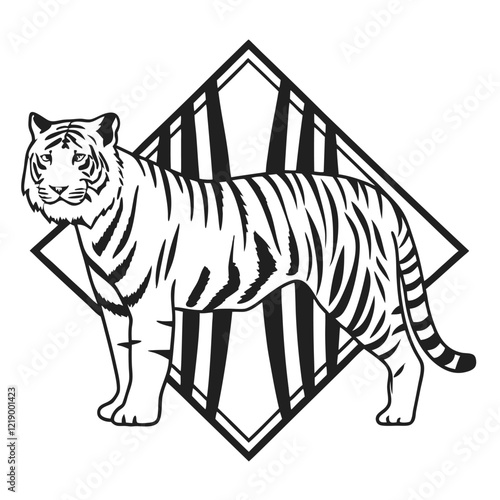 A tiger silhouette is depicted in black and white.