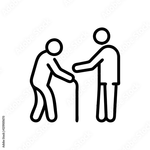 Simple black vector icon of assisting an elderly person with a cane