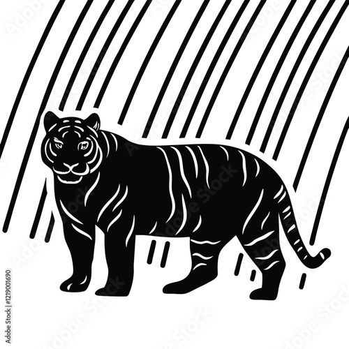 A tiger silhouette is depicted in black and white.