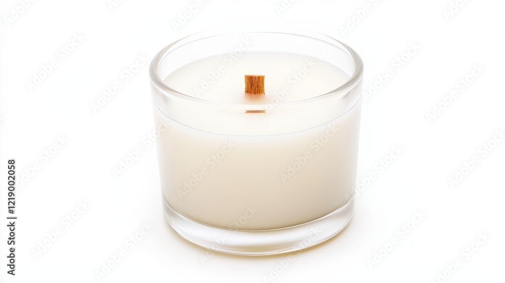 A close-up of a luxury scented candle with a wooden wick, placed on a white isolated background A close-up of a luxury scented candle with a wooden wick, placed on a white isolated background