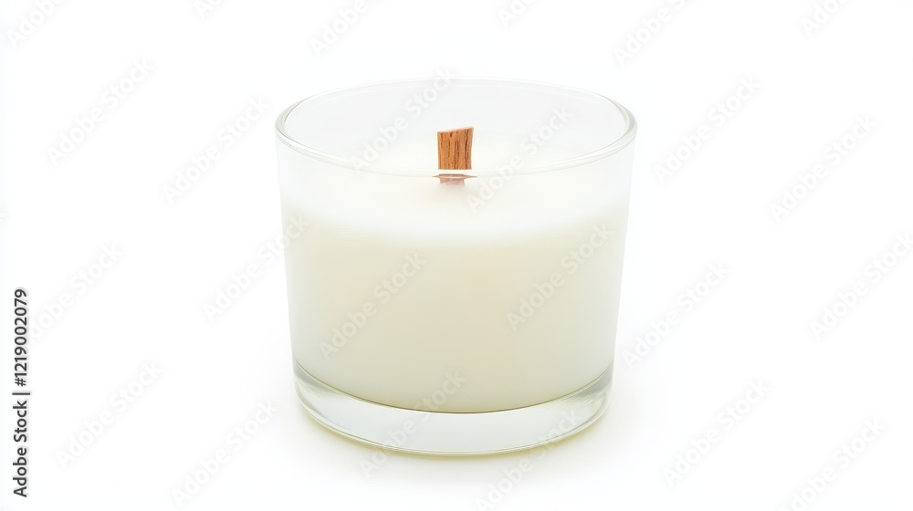 A close-up of a luxury scented candle with a wooden wick, placed on a white isolated background A close-up of a luxury scented candle with a wooden wick, placed on a white isolated background