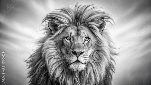 Majestic Lion Head: Dramatic Black & White Long Exposure Isolated on White Background