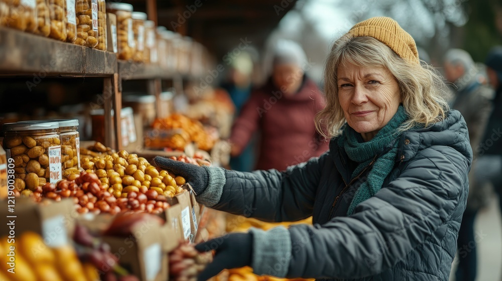 Woman Selects Dried Fruits at Outdoor Market Stall Woman Selects Dried Fruits at Outdoor Market Stall