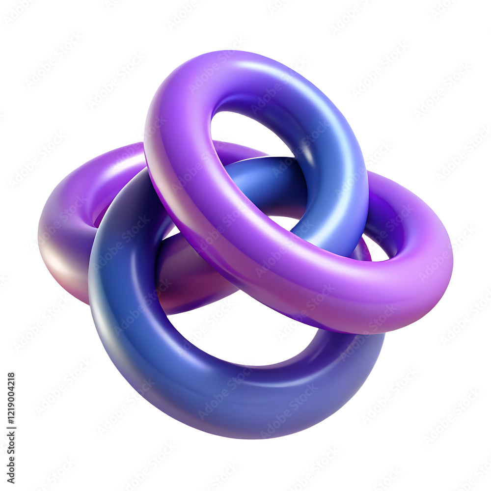 Abstract 3D Render of Intertwined Purple and Blue Rings Creating a Complex Knotted Shape Abstract 3D Render of Intertwined Purple and Blue Rings Creating a Complex Knotted Shape