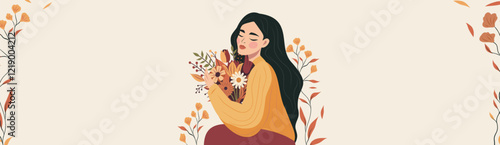 Happy Women's Day. Women's month. Vector spring holiday banner 8 March, beautiful woman in flowers with place for text. Feminism, women's empowerment. Illustration for poster, banner, postcard
