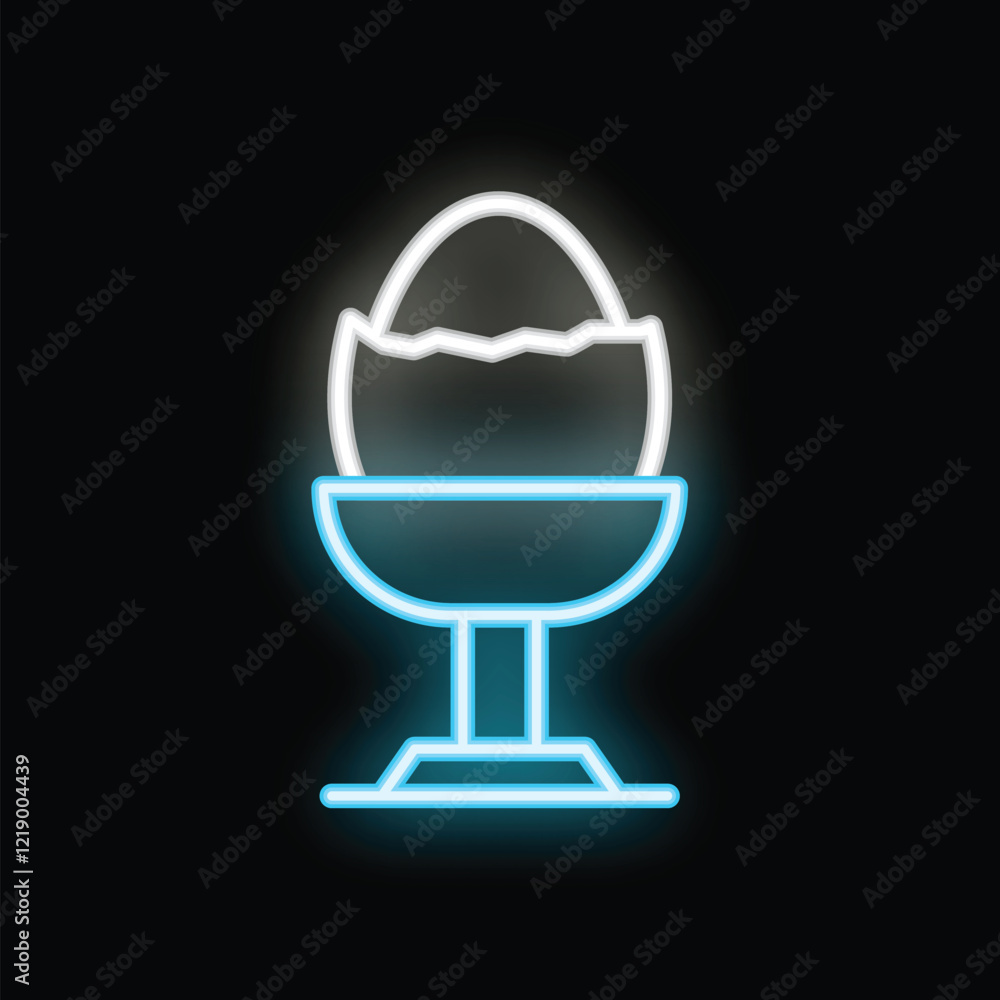 Bright neon icon of boiled egg in an egg cup glowing on black background Bright neon icon of boiled egg in an egg cup glowing on black background