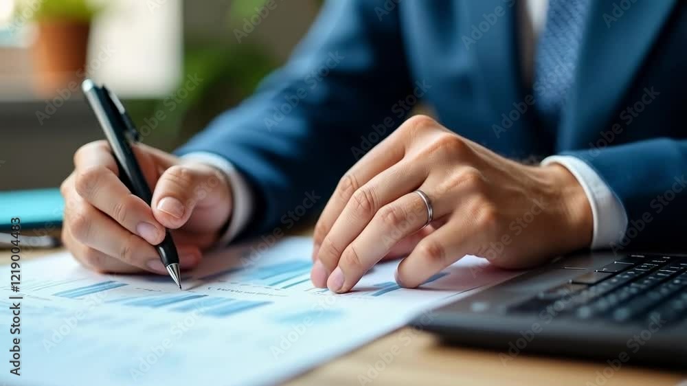 Professional Analyst Reviewing Financial Reports with Chart Visualizations and Pen in Modern Office Environment for Corporate Projects Professional Analyst Reviewing Financial Reports with Chart Visualizations and Pen in Modern Office Environment for Corporate Projects
