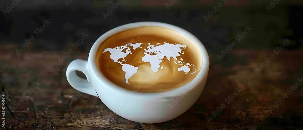 World Map Latte Art in Coffee Cup Image World Map Latte Art in Coffee Cup Image