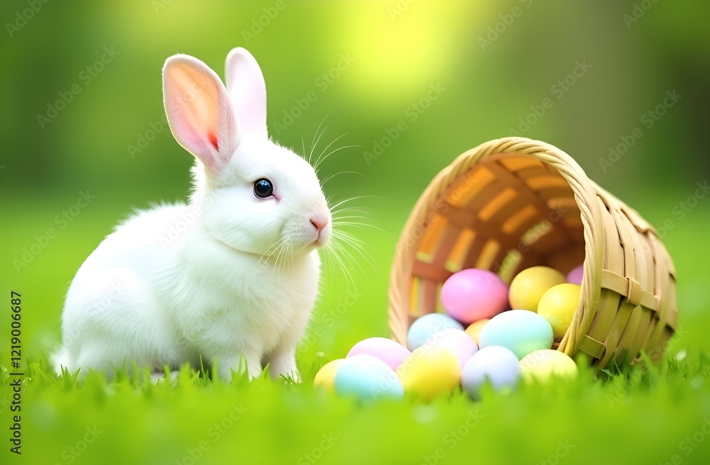 Fototapeta premium A cute white rabbit on the young grass, next to an overturned basket with pastel Easter eggs. Easter.