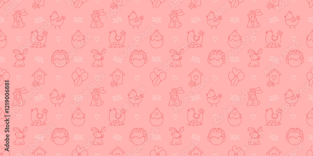 Easter hand-drawn doodle seamless pattern. Cute monochrome spring symbols chickens, rabbits, eggs and flowers Easter hand-drawn doodle seamless pattern. Cute monochrome spring symbols chickens, rabbits, eggs and flowers
