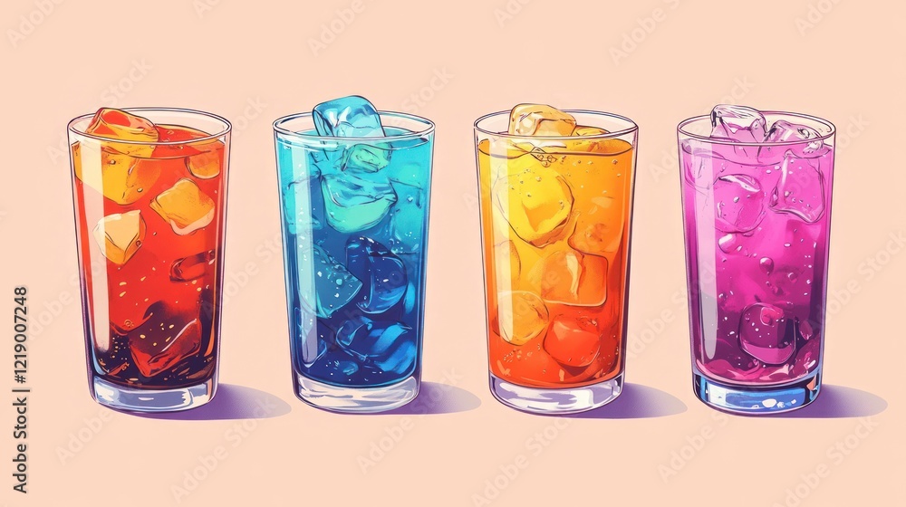 Four colorful refreshing iced drinks in glasses.