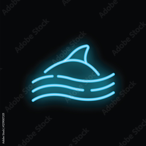 Blue neon icon of a shark fin circling through ocean waves