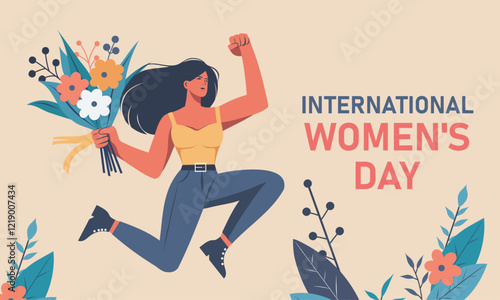  International Women's Day, Equality Day, Women's Month. Strong woman with flowers jumping with happiness on the background of flowers, symbol of freedom and empowerment of women. Vector illustration