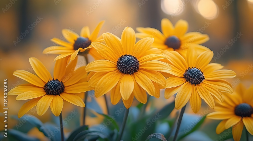 Fototapeta premium Yellow flowers blooming in a garden with blurred background