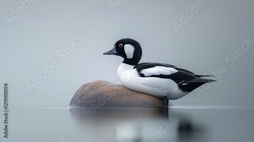 Barrow's goldeneye resting on rock in foggy lake photo