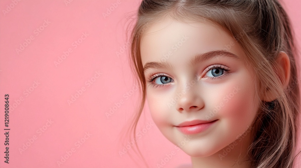 Portrait of a young person with bright blue eyes and gentle smile against pink background, showcasing natural beauty and innocence with soft lighting and delicate features.