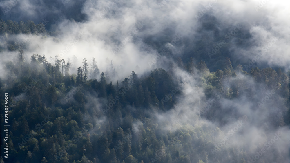 A dense forest shrouded in mist, seen from above. Tall pine trees stand amidst a sea of lush, verdant colors A dense forest shrouded in mist, seen from above. Tall pine trees stand amidst a sea of lush, verdant colors