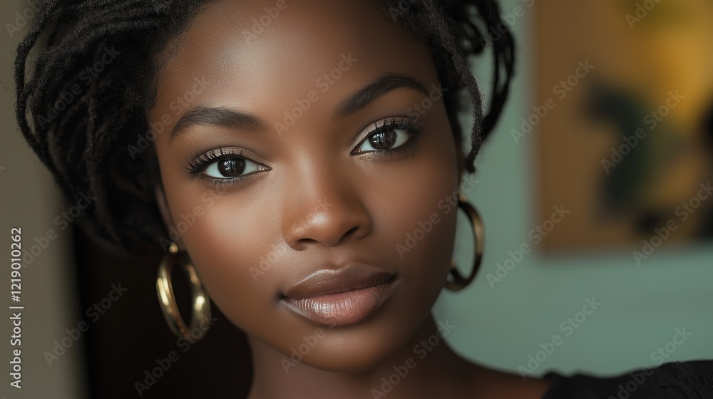 Naklejka premium Beautiful young black woman with braids and golden earrings posing in a studio