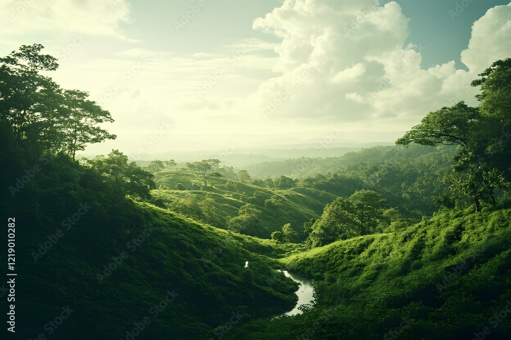 Obraz premium Rolling green hills stretch across the landscape, interspersed with a gentle stream. Bright clouds hover above, creating a peaceful morning atmosphere in a tropical setting.